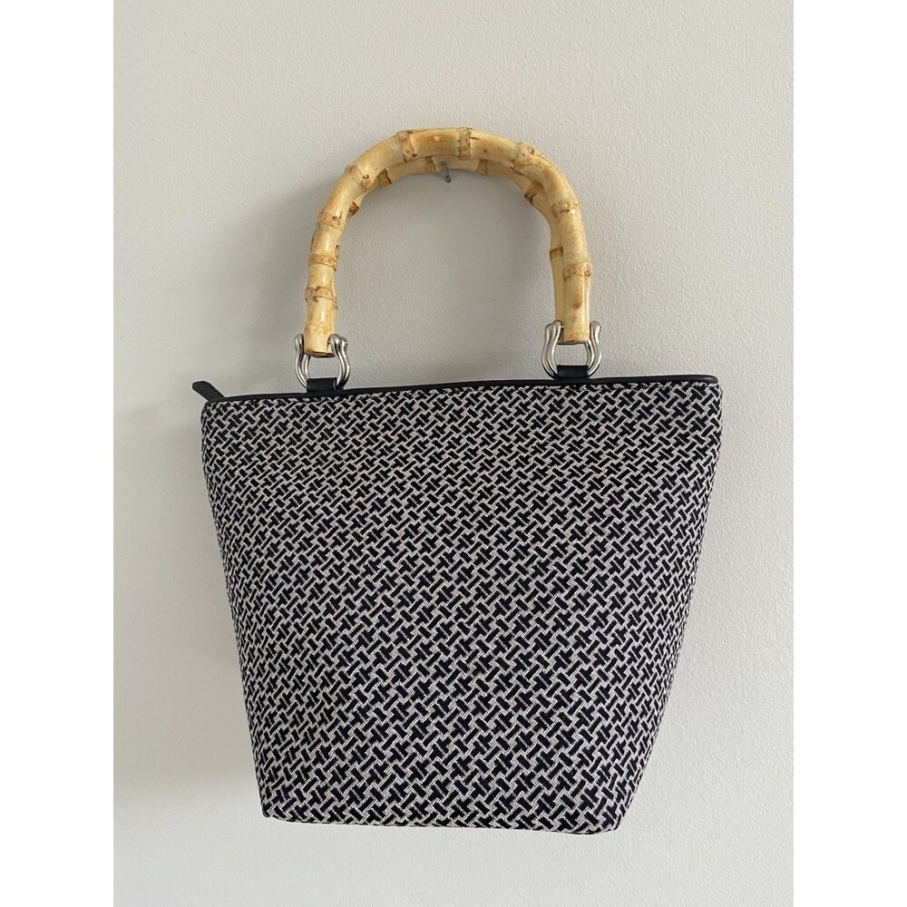 Talbots Vintage Woman’s Bamboo Handle Black & Tan Silver horseshoe Hardware Bag